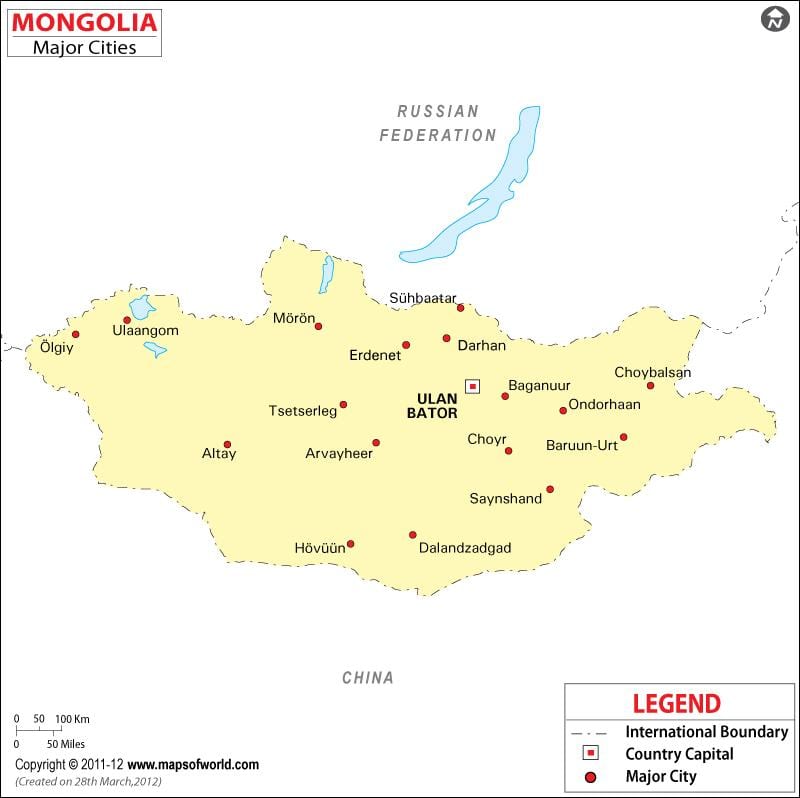 Карта Манголіі з гарадамі